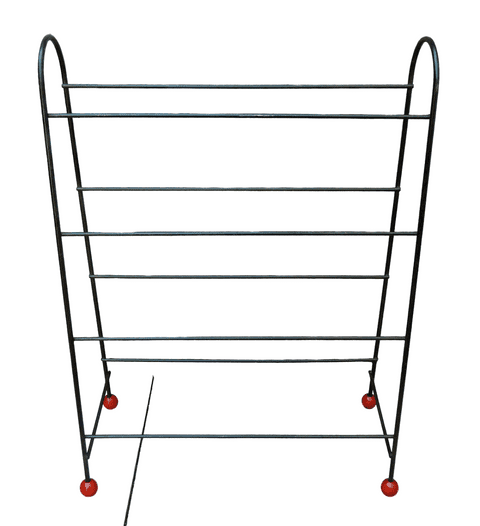 Vintage Home Atomic Shoe Rack Circa 1950s Black Frame Red Ball Feet Mid Century