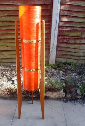 Vintage Home Floor Standing Spun Fibreglass Orange Coopered Rocket Lamp Circa 1960s Teak Mid Century
