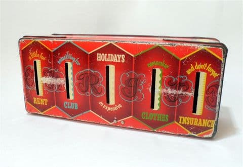 Vintage Household Thrift Savings Tin Rent Club Holidays Clothes Insurance 1960s Money Box Characters