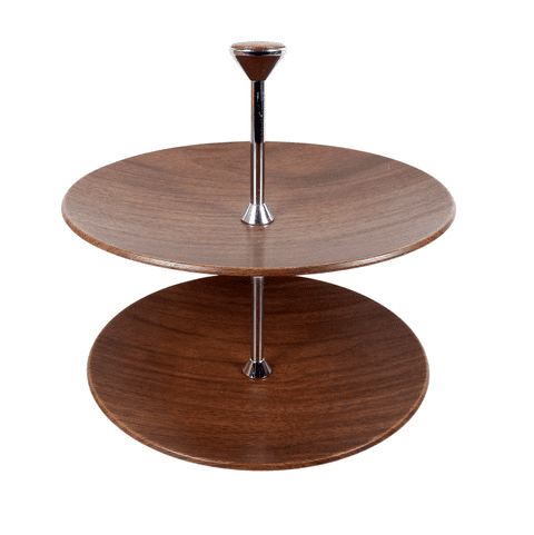 Vintage Ianthe of England Walnut Finish Metal Chrome 2 Tier 10" Diameter Biscuit & Cake Stand 1960s