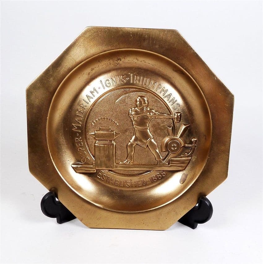 Vintage J K Smit Diamond Tools Brass Super Materiam Ignis Triumphans Dish Blacksmith Forge Anvil