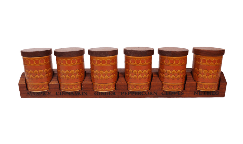 Vintage Kitchen 1973 Hornsea Pottery Saffron Pattern Spice Storage Jars c/w Wooden Rack