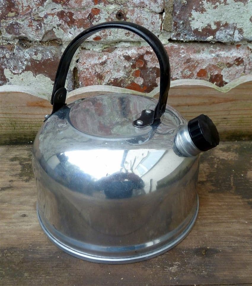 Vintage Kitchen Camping Polished Aluminium Tower England Stove Top Kettle 1960s Folding Handle