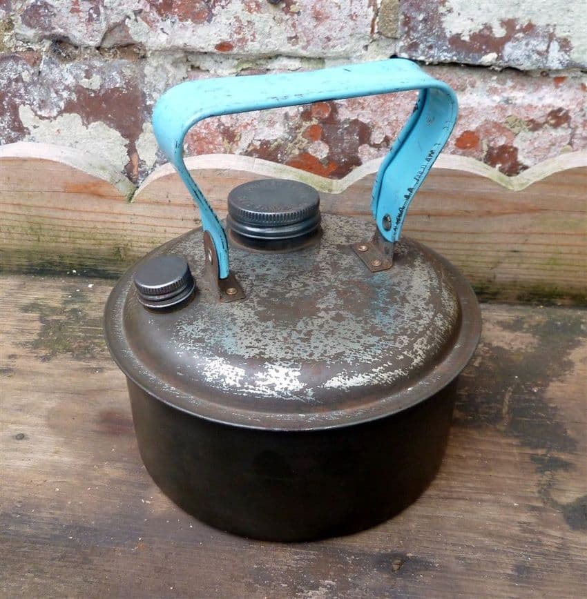 Vintage Kitchen Camping Tin Stove Top Kettle 1960s Blue Folding Handle Unusual Outdoors Compact