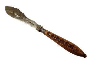 Vintage Kitchen Carved Wood Handled Butter EPNS Electro Plated Nickel Silver Knife 1950s Fern Leaf