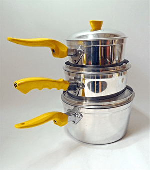 Vintage Kitchen Cooking Boxed Falcon Aluminium Ware Pan Saucepan Set 1950s Unused Primrose Yellow