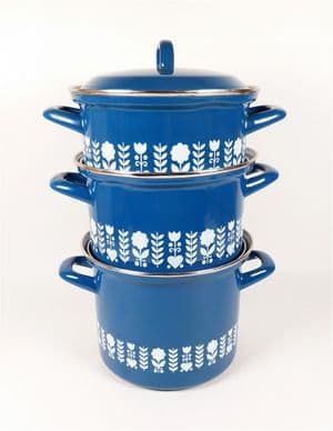 Vintage Kitchen Cooking Herma West German Enamel Pan Set 1960s Casserole Cook Pots Blue