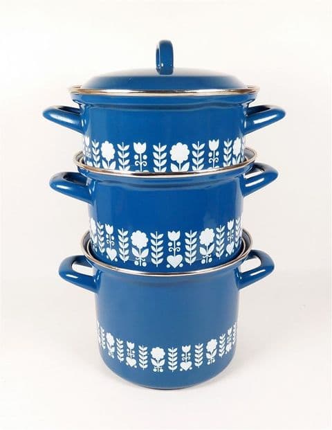 Vintage Kitchen Cooking Herma West German Enamel Pan Set 1960s Casserole Cook Pots Blue