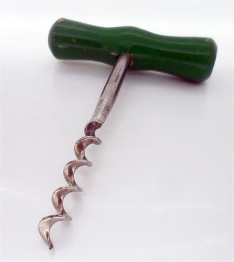 Vintage Kitchen Corkscrew English Make Painted Green Wooden Handled Direct Pull T Pull Circa 1930s