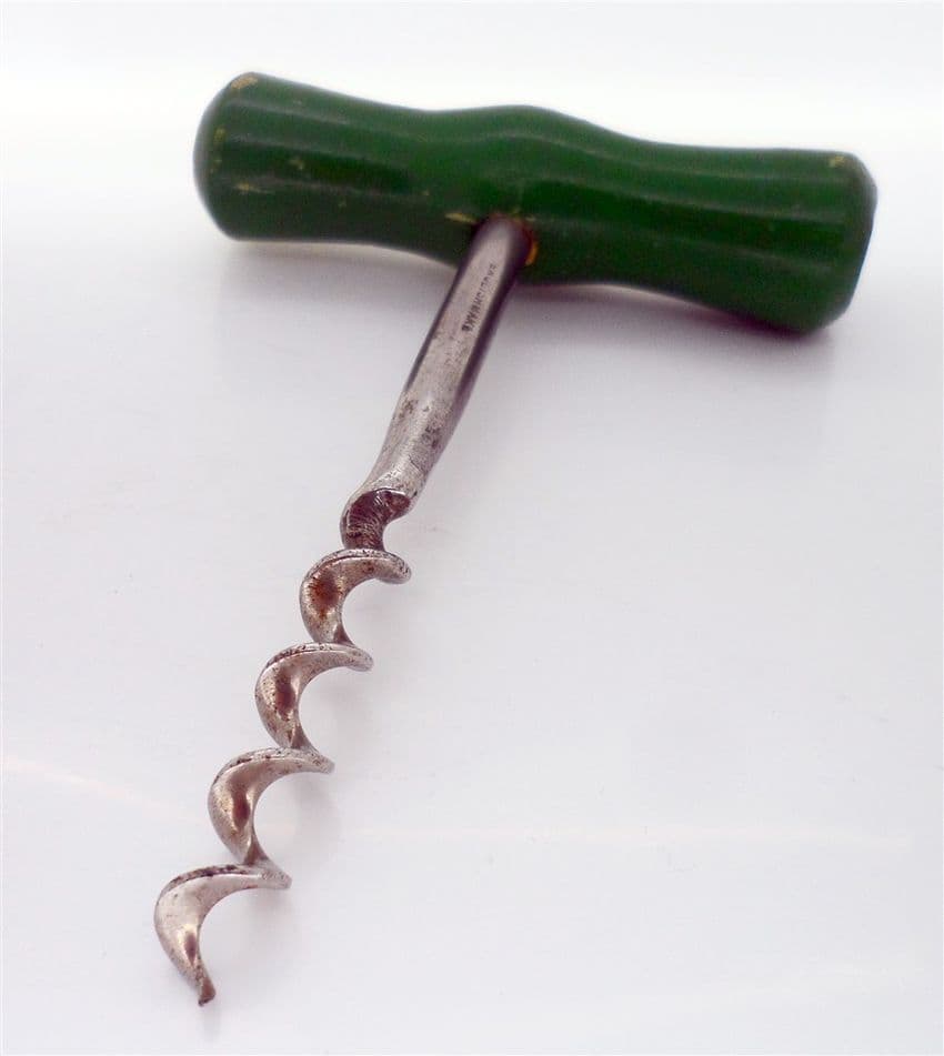 Vintage Kitchen Corkscrew English Make Painted Green Wooden Handled Direct Pull T Pull Circa 1930s