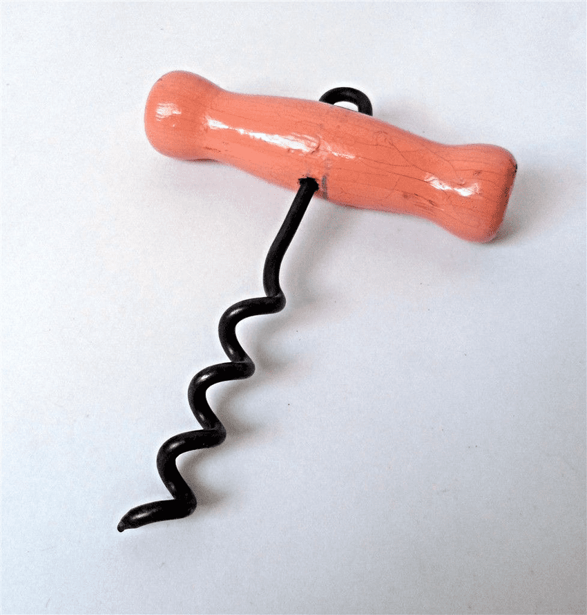 Vintage Kitchen Corkscrew English Painted Pink Wooden Handled Direct Pull T Pull Circa 1950s Loop