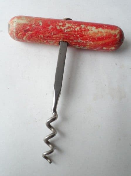 Vintage Kitchen Corkscrew Painted Red Wooden Handled Direct Pull T Pull Circa 1950s Square Shank