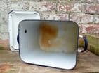 Vintage Kitchen Enamel Large White & Blue Bread Bin 1930s