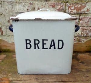 Vintage Kitchen Enamel Large White & Blue Bread Bin 1930s