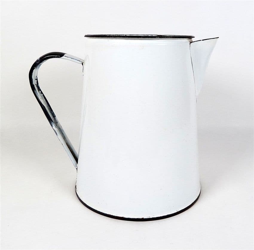 Vintage Kitchen Enamel White & Black Jug 1930s Home Flowers Display Vase Enamelware