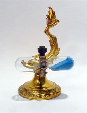 Vintage Kitchen Giltoy Birmingham Gilt Fish Dolphin Baroque Regency Egg Timer Blue Sand Circa 1950s