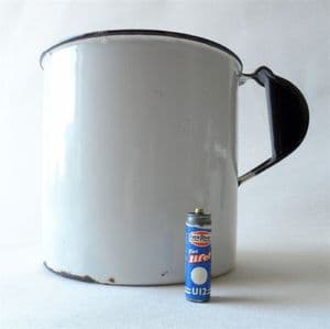 Vintage Kitchen Large Enamel Flour Grain Cup Measure White Blue Edge 1940s Utensil Holder Display