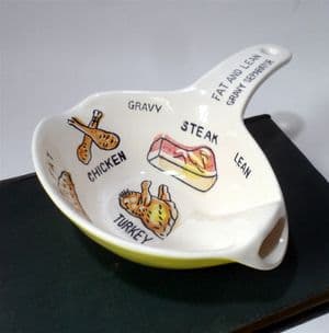 Vintage Kitchen Pottery Yellow & White Pictorial Fat Lean Gravy Separator 1950s Spoon Rest Boat