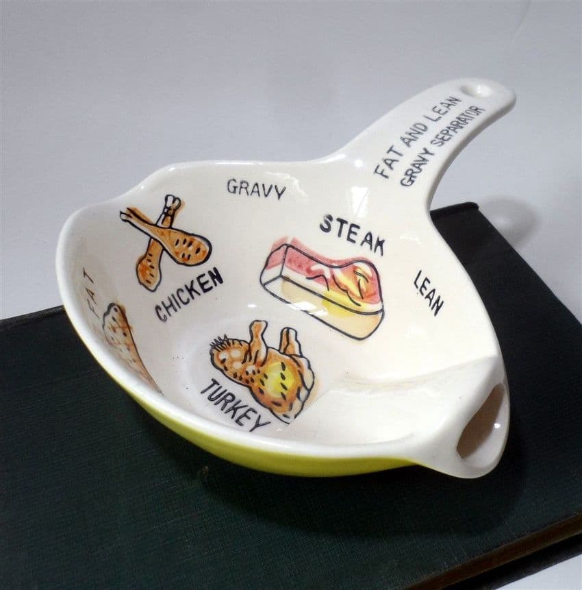 Vintage Kitchen Pottery Yellow & White Pictorial Fat Lean Gravy Separator 1950s Spoon Rest Boat