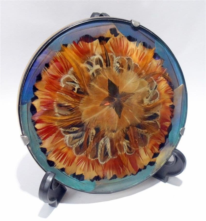 Vintage Kitchen Round Real Game Bird Feathers Trivet Tea Pot Pan Stand Circa 1930s Handmade