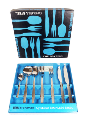 Vintage Kitchen Tableware Cutlery Boxed Viners Sheffield Chelsea Steel 7 Piece Place Set 1960/70s