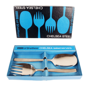 Vintage Kitchen Tableware Cutlery Boxed Viners Sheffield Chelsea Steel Salad Servers 1960/70s