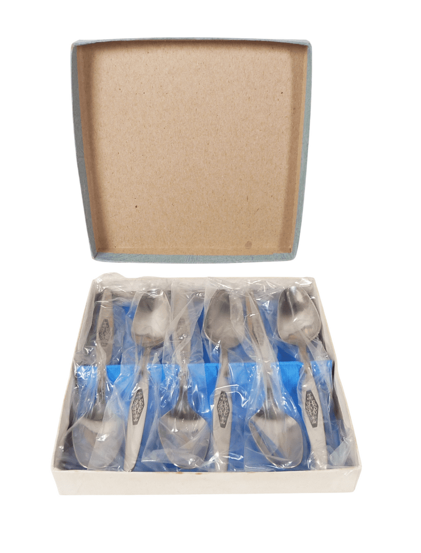 Vintage Kitchen Tableware Cutlery Six Boxed 6 Stainless Steel Tea Spoons Unused 1960s MCM