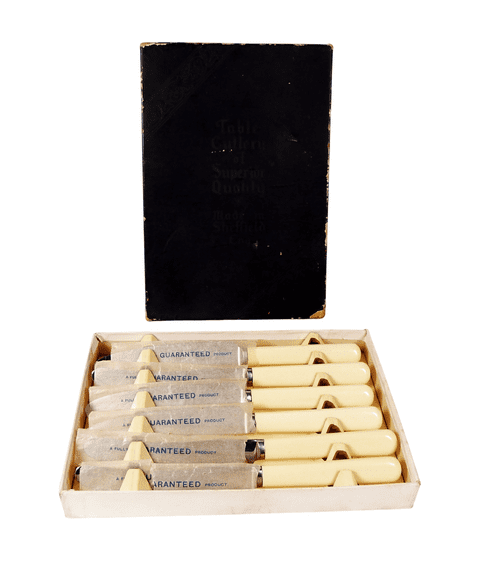 Vintage Kitchen Tableware Cutlery Six Boxed 6 Tea Butter Knives Superior Quality Sheffield Ivorine