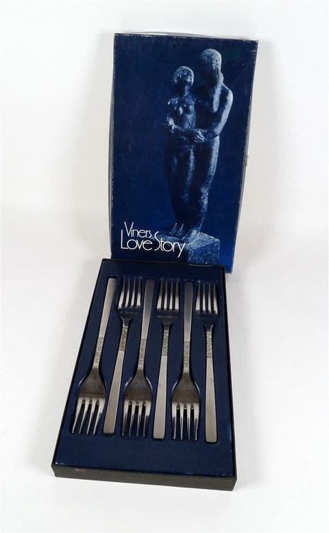 Vintage Kitchen Tableware Cutlery Six Boxed Viners Sheffield Love Story Dessert Forks C462/344 Cake