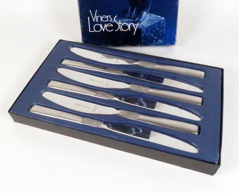 Vintage Kitchen Tableware Cutlery Six Boxed Viners Sheffield Love Story Dessert Knives B462/374 Cake