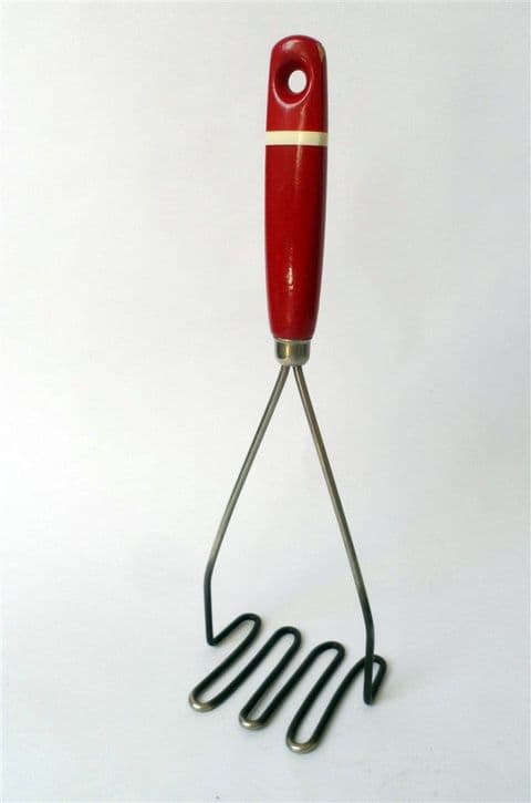 Vintage Kitchen Tool Utensil Potato Masher Circa 1950s Red Handle Very Sturdy