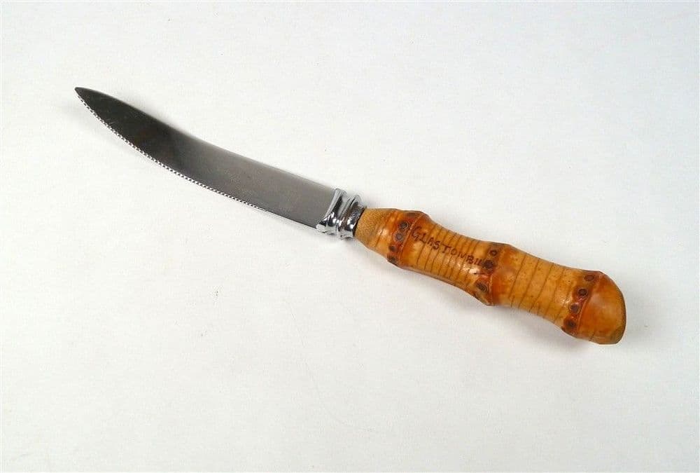 Vintage Kitchen Utensil Bamboo Wood Handled Grapefruit Knife 1950s Glastonbury Pyro Etched Souvenir