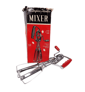 Vintage Kitchen Utensil Boxed Masterpiece Stainless Steel Hand Whisk Mixer 1970s Red Beater Baking