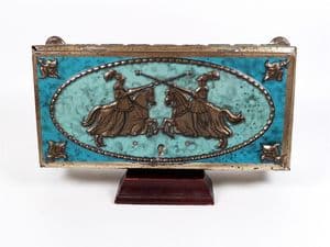 Vintage Knights Jousting Casket Toffee Sweet Tin with Lock & Key Heraldic Shields Medieval