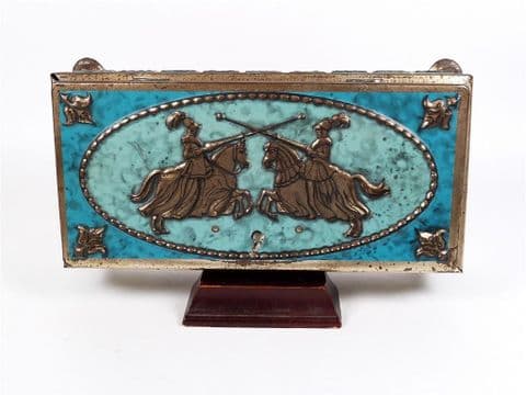Vintage Knights Jousting Casket Toffee Sweet Tin with Lock & Key Heraldic Shields Medieval