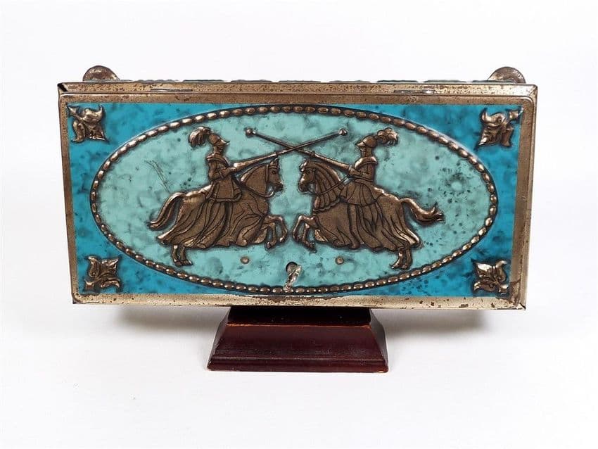 Vintage Knights Jousting Casket Toffee Sweet Tin with Lock & Key Heraldic Shields Medieval