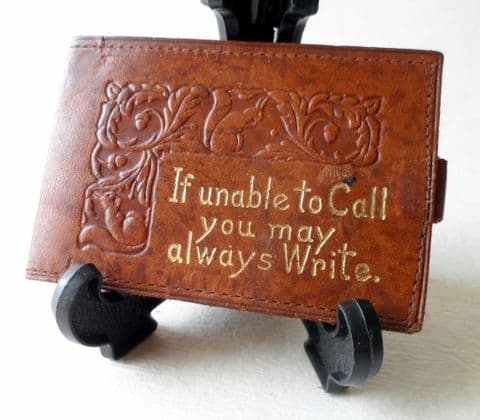 Vintage Leather Postage Stamp Book Card Case Motto Tooled Embossed If Unable to Call you may always Write 1930s Squirrel