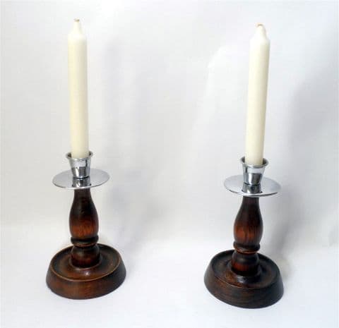 Vintage Lighting Pair 6.25" Chrome & Oak Traditional English Candlesticks Candle Holders Deco 1930s