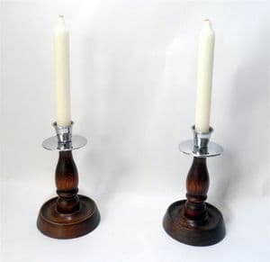 Vintage Lighting Pair 6.25" Chrome & Oak Traditional English Candlesticks Candle Holders Deco 1930s