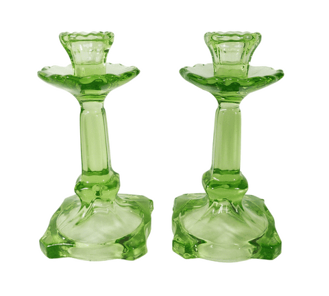 Vintage Lighting Pair 7.25" Uranium Glass Candlesticks Candle Holders Art Deco 1930s