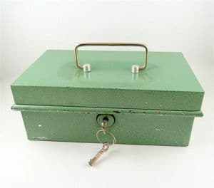 Vintage Metal Green Cash Money Strong Box Working Lock Red Coin Tray & 2 Keys 1970s Safe Storage