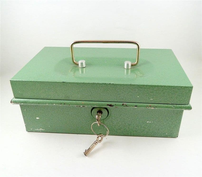 Vintage Metal Green Cash Money Strong Box Working Lock Red Coin Tray & 2 Keys 1970s Safe Storage