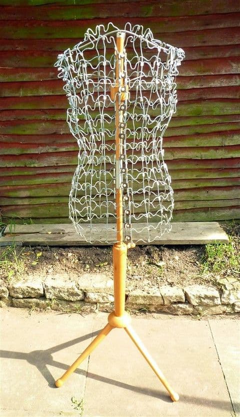 Vintage Mid Century Clothes Blue Wirework Mannequin Wooden Tripod Base Press Studs Adjustable
