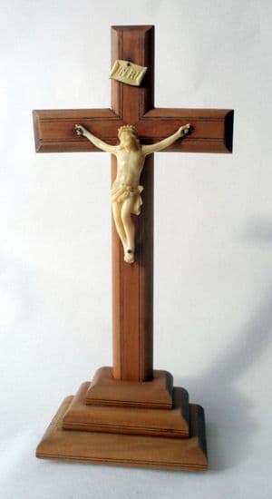 Vintage Mid Century French Wood Wooden Crucifix Cross on Base Christianity Jesus Christ Faux Ivory