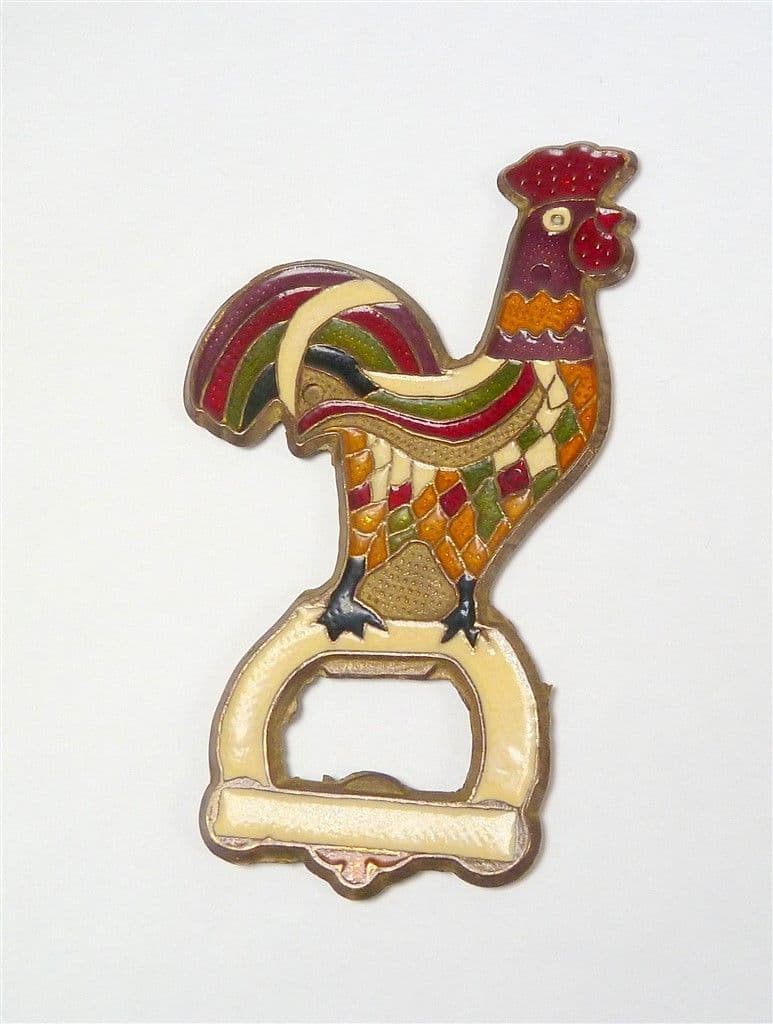 Vintage Mid Century Greece Rooster Cockerel Cock Solid Brass & Enamel Bottle Opener