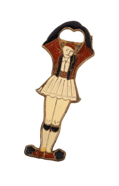 Vintage Mid Century Greek Male Dancer Traditional Costume Solid Brass & Enamel Bottle Opener Greece