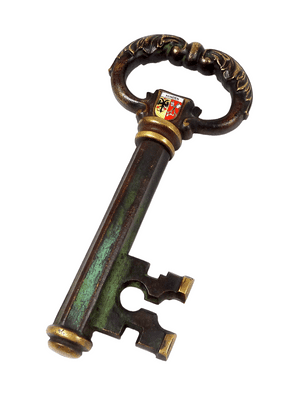 Vintage Mid Century Sheath Key Corkscrew Minden Germany Souvenir Enamel Crest Verdigris Brass