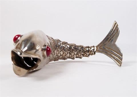 Vintage Mid Century Silver Plate Articulated Red Eyed Fish Bottle Opener Nice Detailing Moving