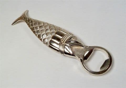 Vintage Mid Century Silver Plate on Copper Fish Bottle Opener Curved Tail Nice Detailing
