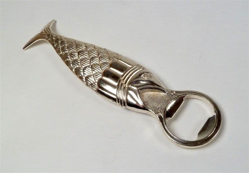 Vintage Mid Century Silver Plate on Copper Fish Bottle Opener Curved Tail Nice Detailing